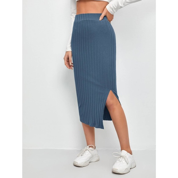 Slit Hem Rib knit Pencil Skirt midi business casual black - Picture 11 of 11